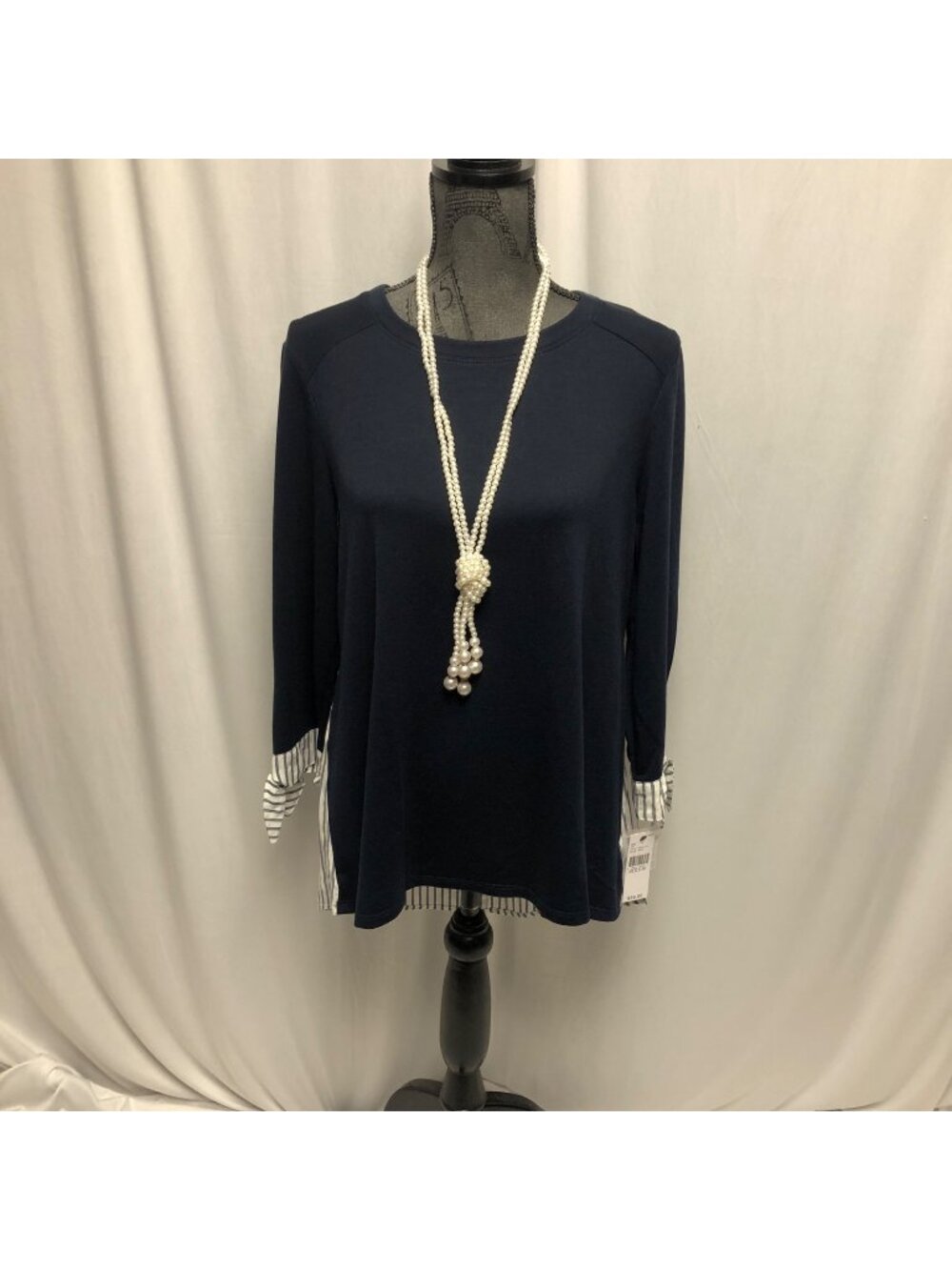 AB Studio Top Womens Size Medium Navy Blue White Stripe Layered Look Shirt NEW